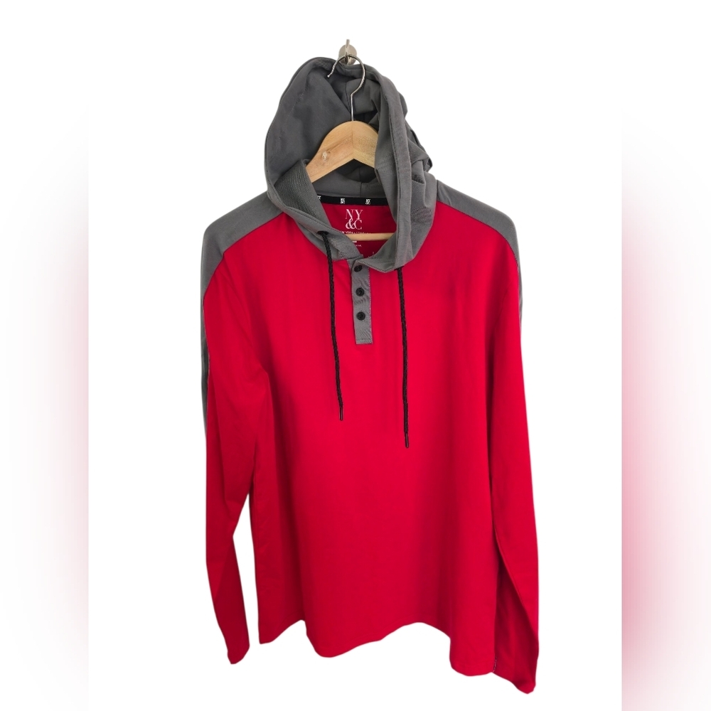 NWT NY&C New York & Co Long Sleeved Hooded Lightweight Shirt Red Gray Size Large